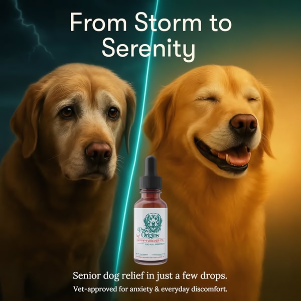 A split-screen comparison showing a distressed senior dog on the left and a peaceful, happy dog on the right, with the product centered.